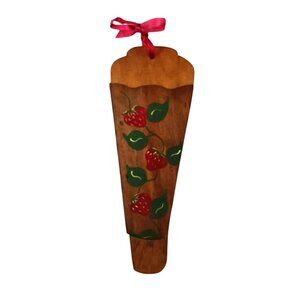 Vintage Hand-Painted Wooden Wall Pocket Strawberry Design With Ribbon Hanger